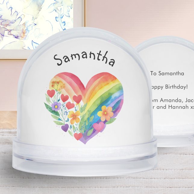Corazón de Arcoíris en Acuarela Cumpleaños Persona (A personalized snow globe with rainbow heart in a watercolor style, with custom message on the back)