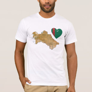 Corazón de bandera de Turkmenistán y mapa camiseta