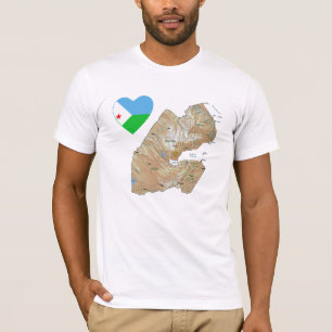 Corazón de bandera de Yibuti y mapa de camisetas