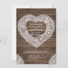Corazón de encaje rústico en invitaciones de bodas