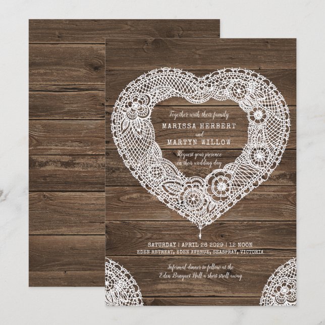 Corazón de encaje rústico en invitaciones de bodas (Anverso / Reverso)