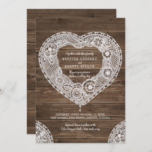 Corazón de encaje rústico en invitaciones de bodas