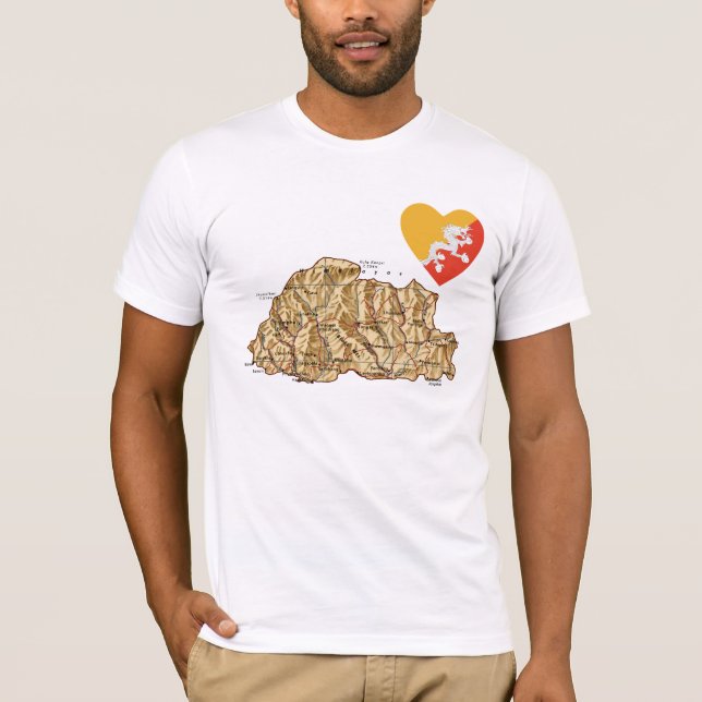 Corazón de la bandera de Bután y mapa de camisetas (Anverso)