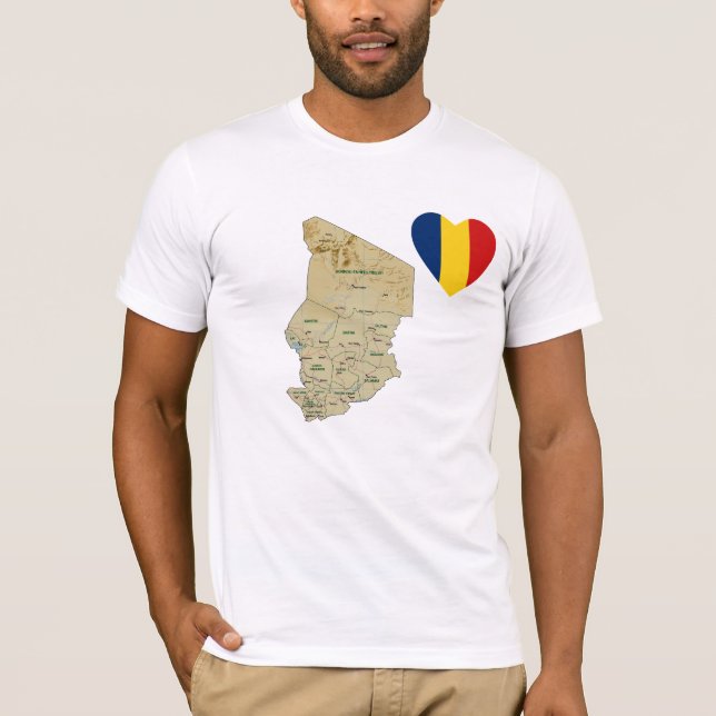 Corazón de la bandera de Chad y mapa de camisetas (Anverso)