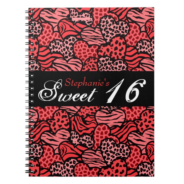 Corazón de patrón animal rojo Dulce 16 Cuaderno (Frente)