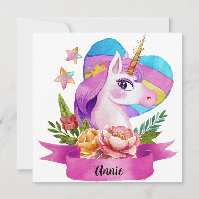 Corazón de Unicornio Lindo en Acuarela con Nombre  (Anverso)