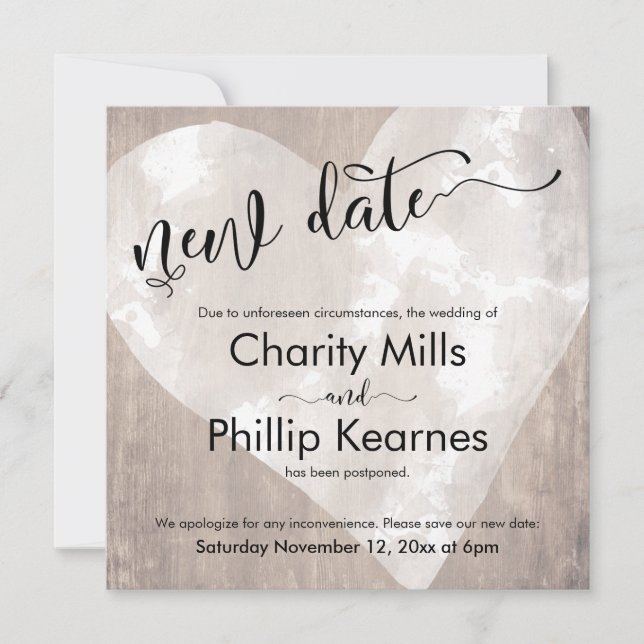Corazón en Madera Posponen Boda Nueva Fecha Tarjet (Anverso)