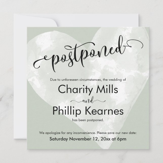 Corazón en verde sabio pospuso Invitación Boda (Anverso)