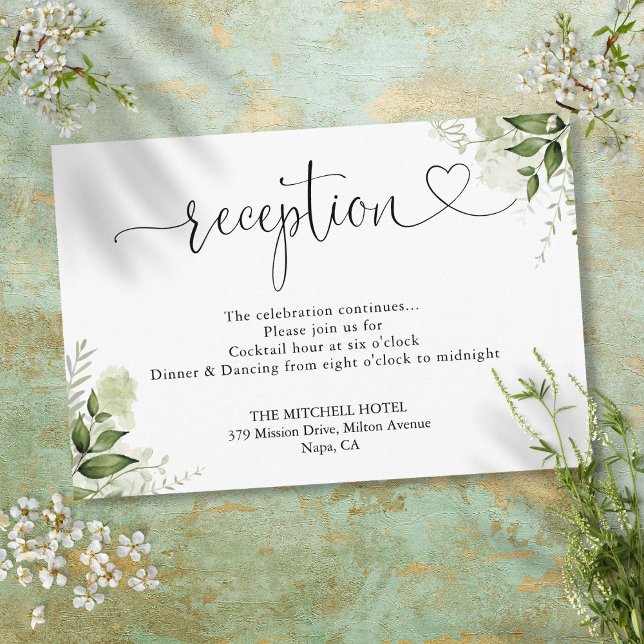 Corazón Floral de Verdor Escritura Boda Recepción (Greenery Floral Heart Script Wedding Reception Enclosure Card)