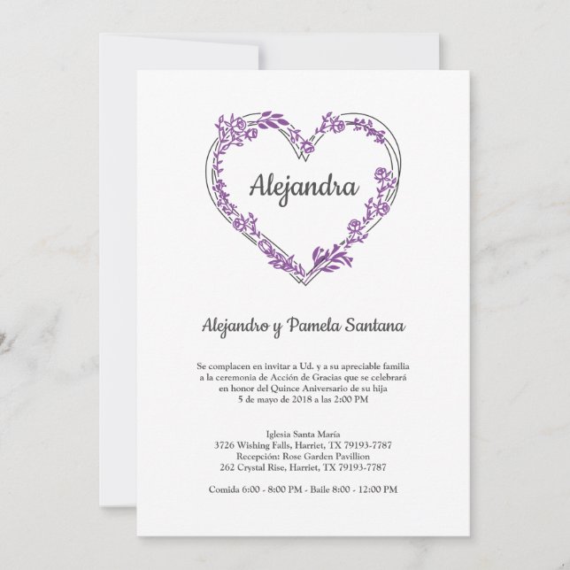 Corazón Floral en Morado para Quinceañera (Anverso)