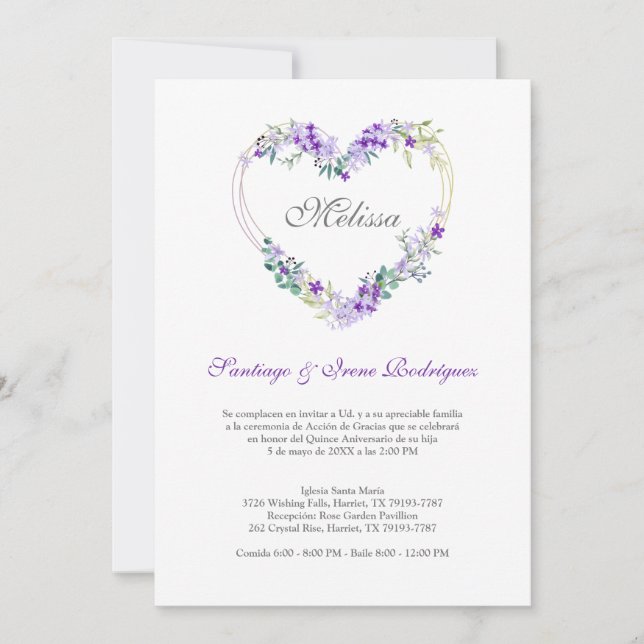 Corazón Floral en Morados para Quinceañera (Anverso)