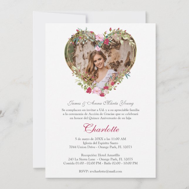 Corazón Floral Rosa y Rojo con Foto de Quinceañera (Anverso)