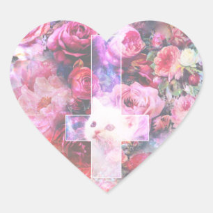 Corazón Gato rosa y Pegatina cruzado invertido en forma de