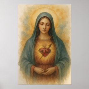 Corazón Inmaculado de María Acuarela Arte Mariano