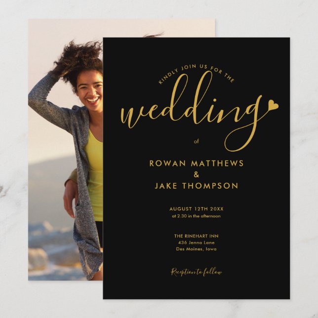 Corazón negro y dorado Elegante invitación de boda (Anverso / Reverso)