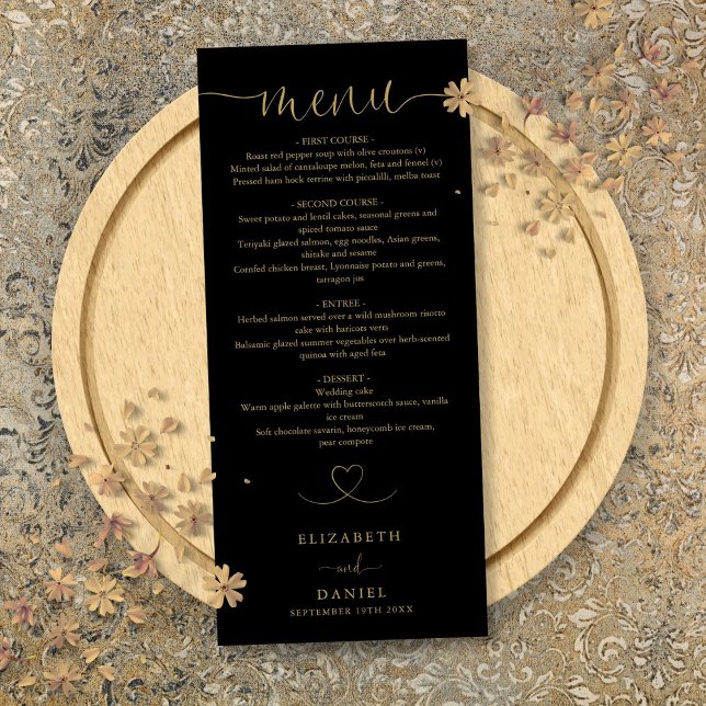 Corazón negro y dorado, menú de boda con letra scr (Black And Gold Heart Script Wedding Dinner Menu)