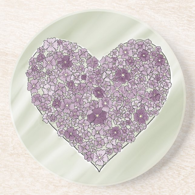 Corazón redondo con flores moradas para posavasos (Frente)