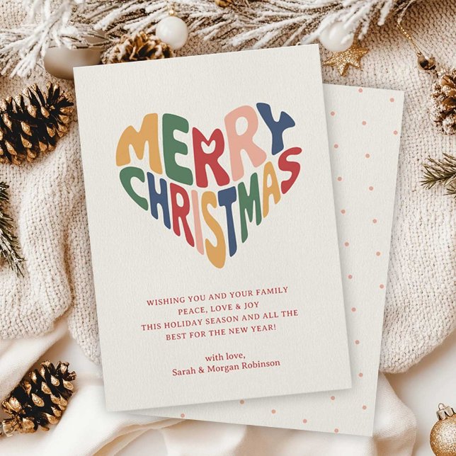 Corazón Retro Feliz Navidad Juguetón  (Heart-shaped Merry Christmas typography design holiday card in retro rainbow colors)