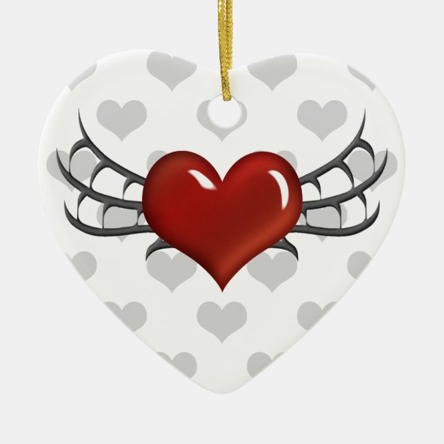 Corazón Rojo, Alas Negras, Ornamento Gris Corazón (Frente)