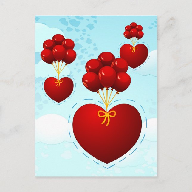 Corazón rojo con globos, postal (Anverso)
