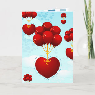 Corazón rojo con globos, tarjeta de felicitación
