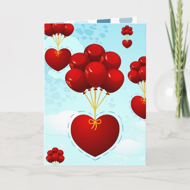 Corazón rojo con globos, tarjeta de felicitación (Anverso)