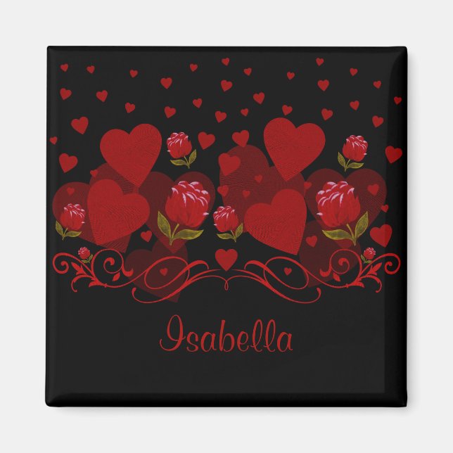 Corazón rojo, rosas rojas para imán El día de San  (Frente)