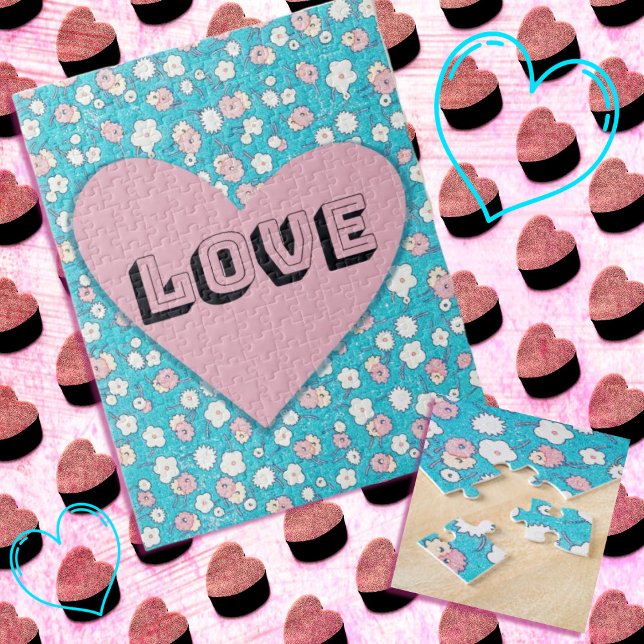 Corazón rosa y flores adoran el rompecabezas (Subido por el creador)