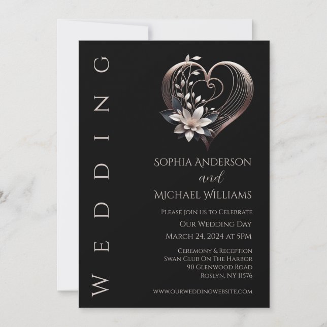 Corazón rosado moderno con flores Invitación a la  (Anverso)