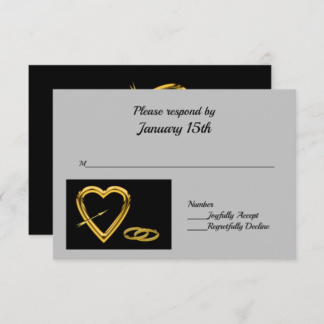 Corazón y anillos en oro sobre Black Modern RSVP (Anverso / Reverso)