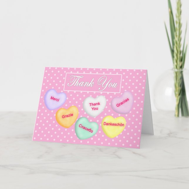 Corazones de caramelos, idiomas, tarjetas de agrad (Anverso)