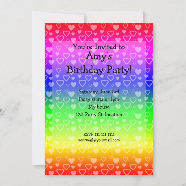 corazones de invitación al cumpleaños Rainbow (Anverso)