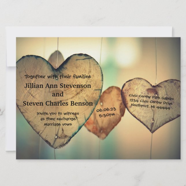 Corazones de madera rústica - Invitación a la boda (Anverso)