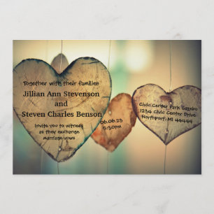 Corazones de madera rústica - Invitación a la boda