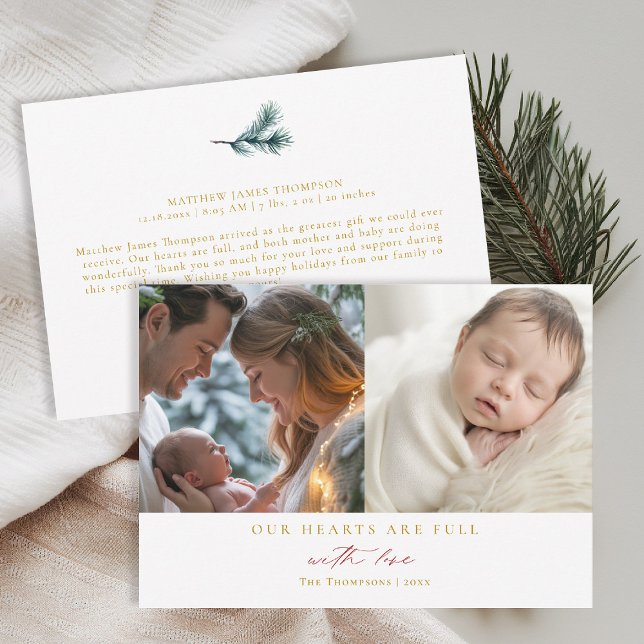 Corazones de Navidad Mínimo Rojo Familia Bebe 2 Fo (christmas family card baby announcement with love calligraphy simple elegant 2 photos red gold)