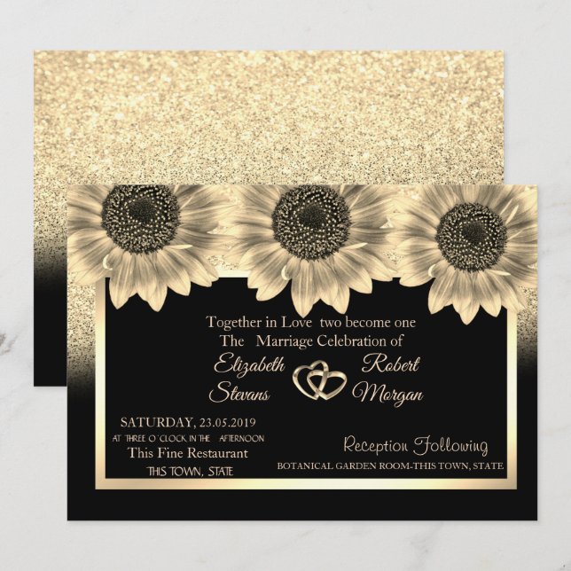 Corazones de Oro, Girasoles, Invitación de Boda co (Anverso / Reverso)
