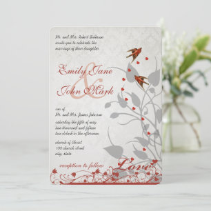 Corazones de pájaros rojos vintage en invitaciones
