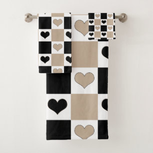 Corazones de tablero de ajedrez en taupe, negro y 