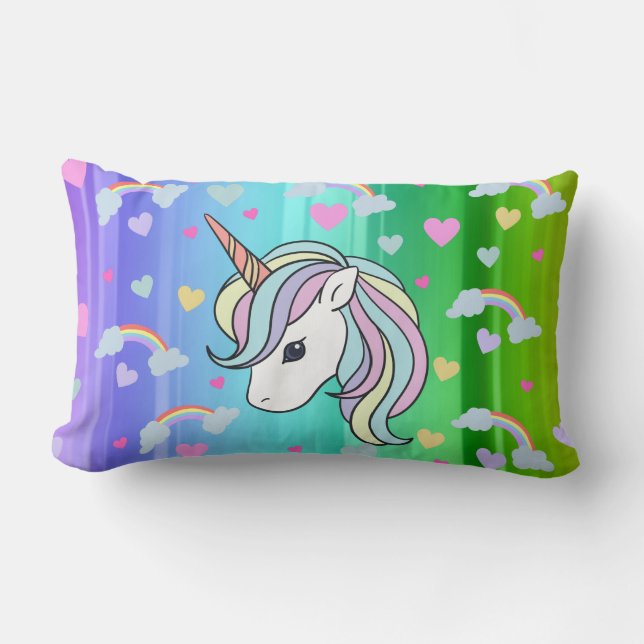 Corazones de unicornio arcoiris imprimen almohada  (Anverso)