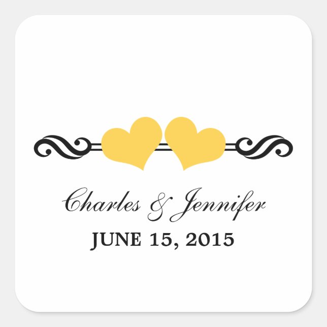 Corazones elegantes pegatinas de boda, amarillo (Anverso)