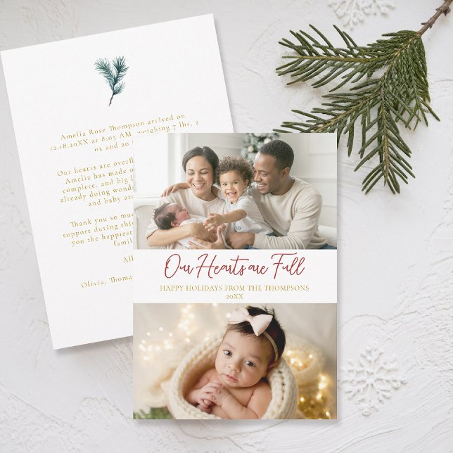 Corazones Llenos de Navidad Clásico Familia Bebé 2 (christmas family card baby announcement card modern calligraphy simple elegant 2 photos red gold)