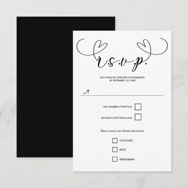 Corazones modernos Boda mínima blanca y negra RSVP (Anverso / Reverso)