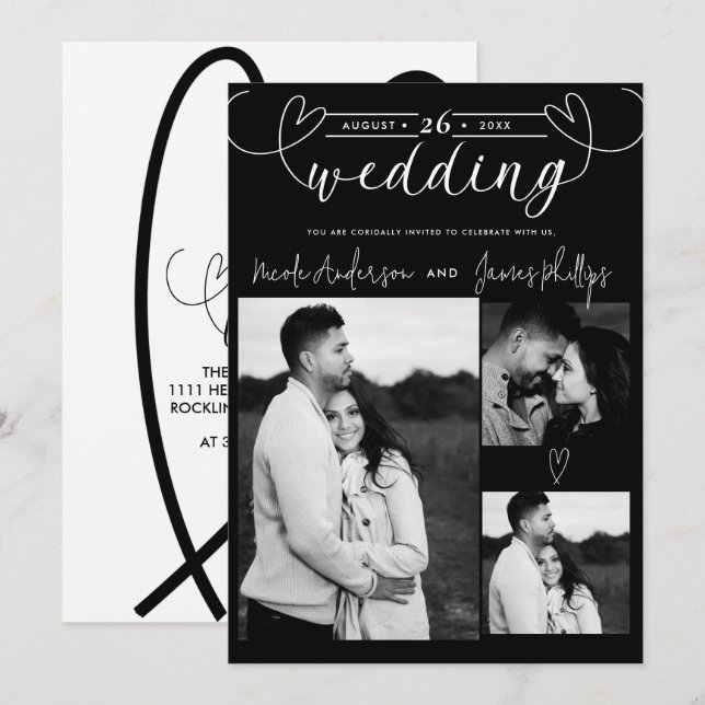 Corazones modernos Boda mínimo blanco y negro (Anverso / Reverso)