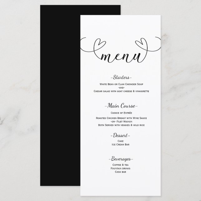 Corazones modernos Menú Boda mínimo blanco y negro (Anverso / Reverso)