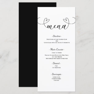 Corazones modernos Menú Boda mínimo blanco y negro