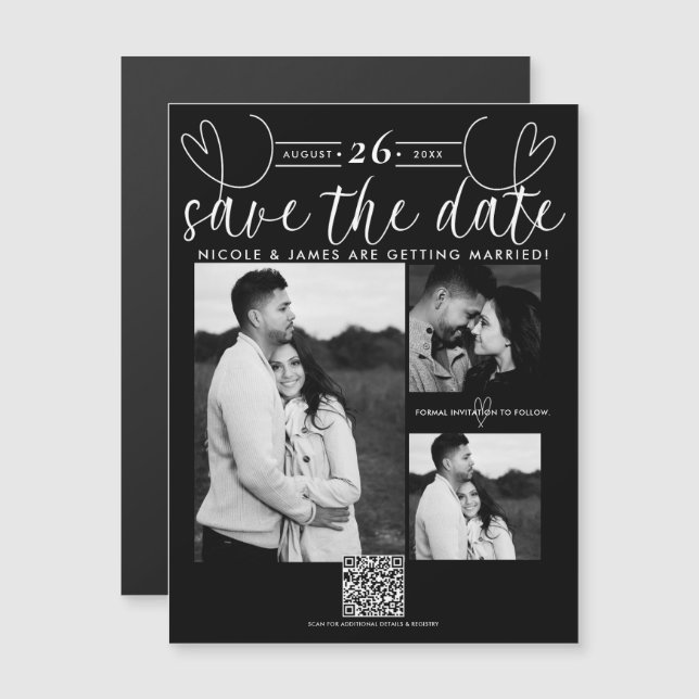 Corazones Modernos Save the Date Negro y Blanco Ch (Anverso/Reverso)