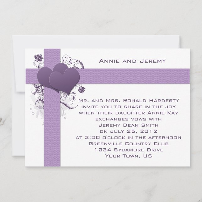 Corazones Morados sobre Invitación de Boda de Raya (Anverso)