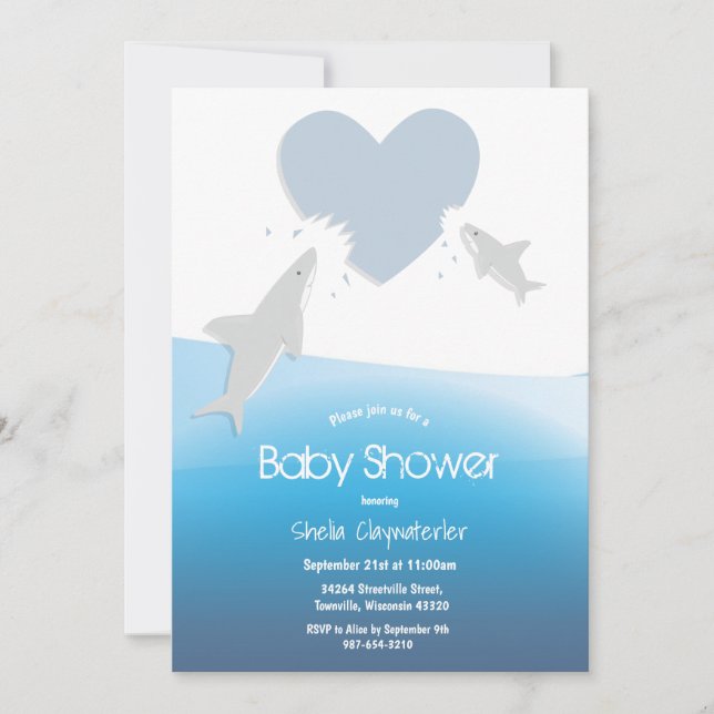 Corazones muerden y tiburones | Invitación de Baby (Anverso)