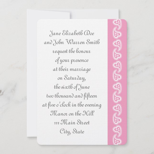 Corazones paisley dulces en invitación rosada Peta (Anverso)