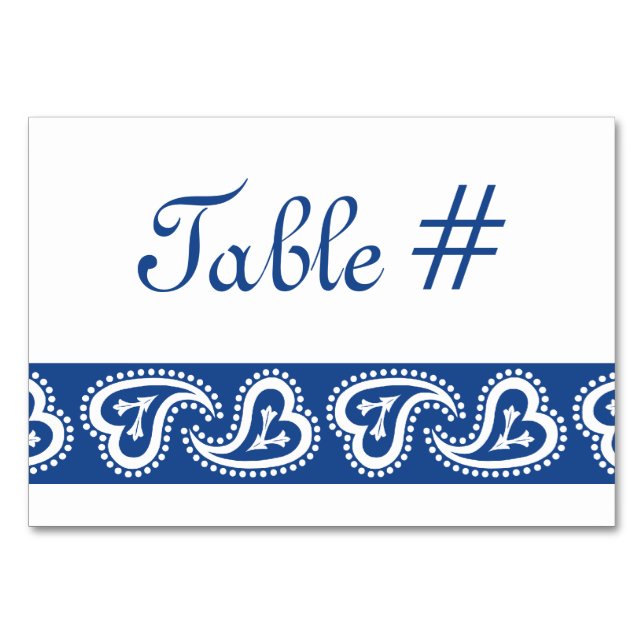 Corazones paisley dulces en tarjeta de mesa azul (Anverso)